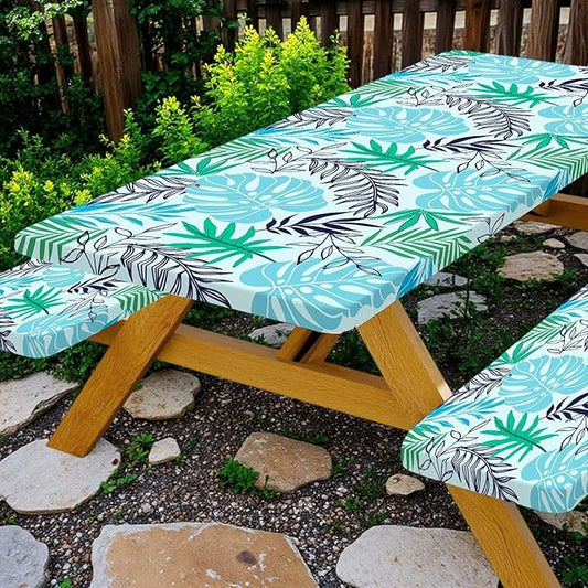 Palm Leaves Picnic Table Cover with Bench Covers, Waterproof Summer Tropical Hawaiian Green Leaves Tablecloth for Camping Indoor Outdoor Party Decorations, 30X72in