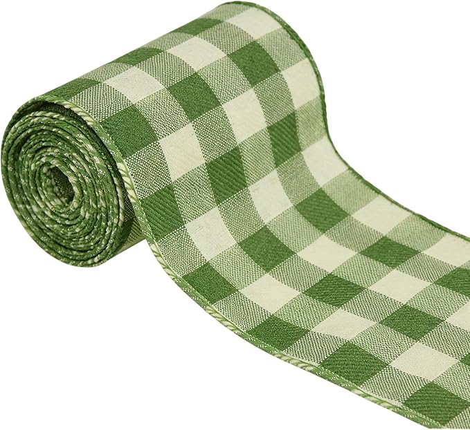 Meseey 10 Yards Sage Green and White Buffalo Plaid Burlap Ribbon 4 Inch Wired Edge Farmhouse Decor Tartan Check Pattern Ribbon for Big Bow,Fall Wreath,Gift Wrapping,Crafts(Sage Green)