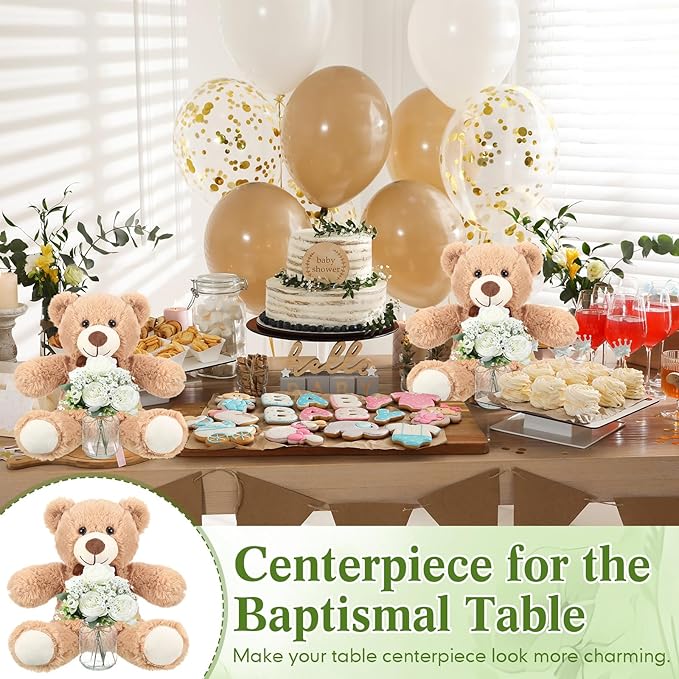 6 Set Baby Shower Bear Centerpieces for Tables Mason-Style Glass Jars with Artificial Peonies and Baby's Breath Rustic Table Decor for Gender Reveal Party Wedding (Brown)