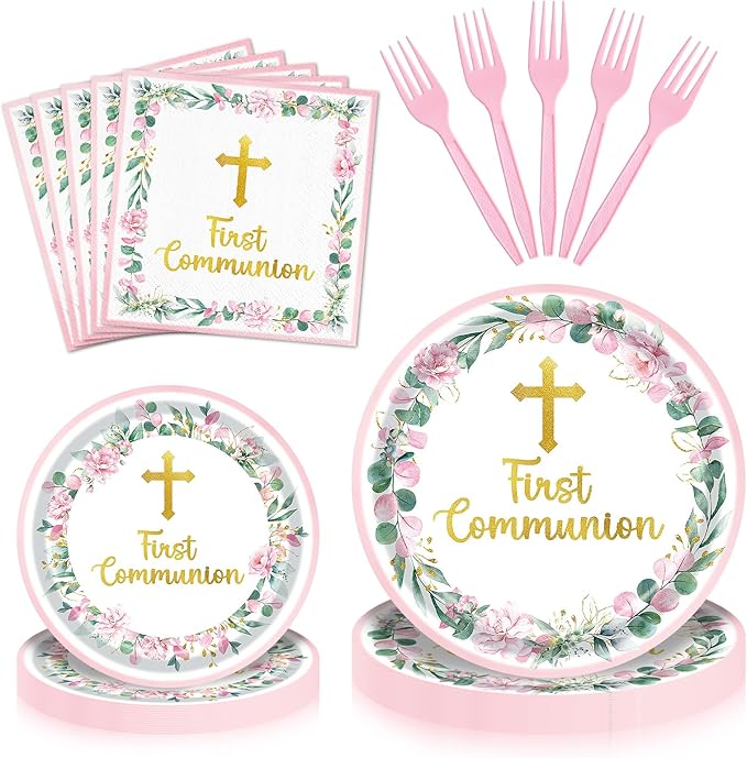 96 Pieces First Communion Floral Tableware Set – Pink Floral Cross Disposable Plates, Napkins for First Communion Party, Christening, Baptism, and Religious Celebrations – Serves 24 Guests