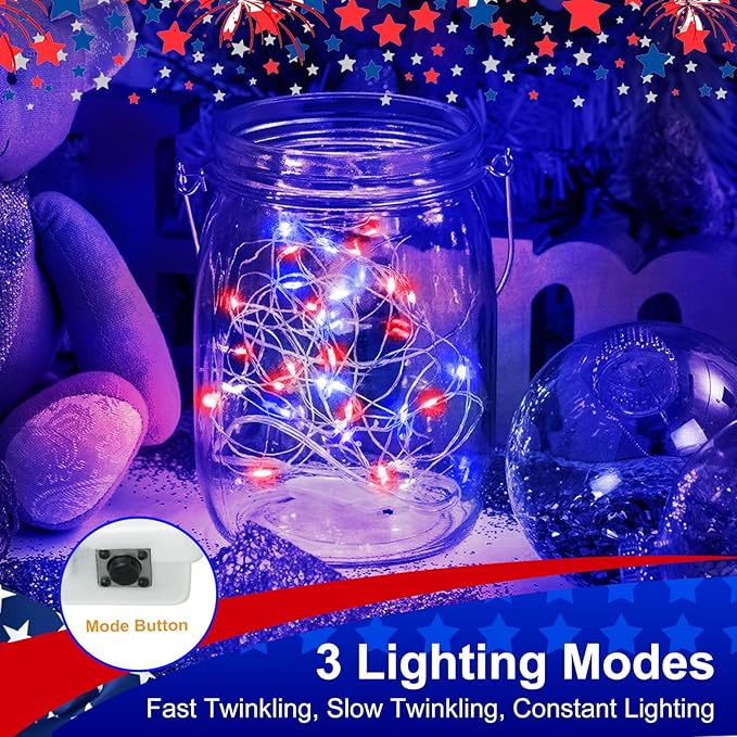 btfarm 4th of July Patriotic Fairy Lights Battery Operated, 6 Pack Red White Blue 3 Modes Twinkle String Lights, 7ft 20 Led Independence Day Mini for Mason Jars Vases Table Centerpiece Decorations