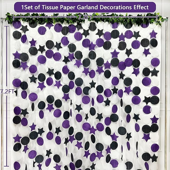 173 Ft Purple Black and White Party Decorations Big Star Circle Dot Backdrop Streamer Garland for Graduation Birthday Bachelorette Engagement Wedding Bridal Shower Baby Shower Halloween Party Supplies