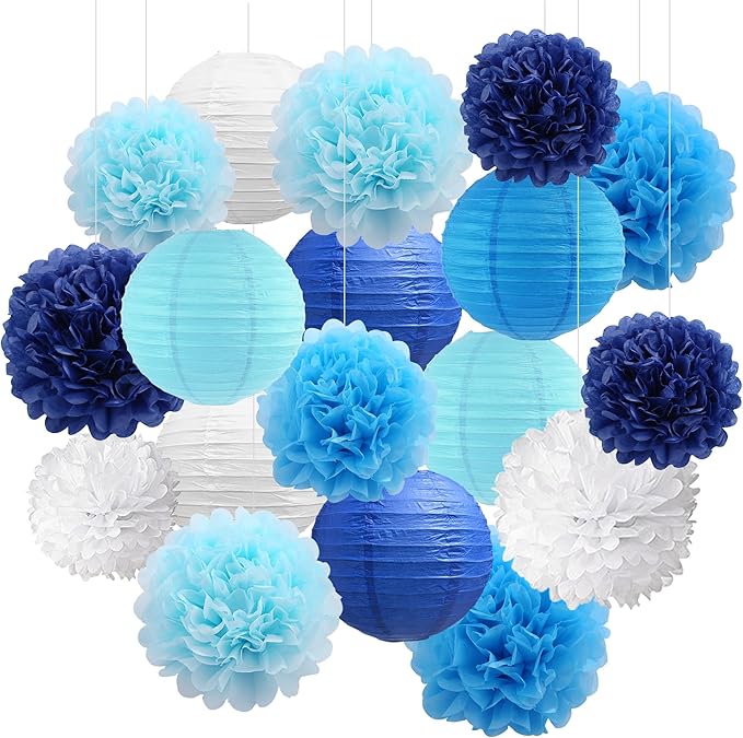 BEISHIDA Blue White Tissue Hanging Paper Flowers Lanterns Party Decorations Set for Birthday Graduation Baby Shower Bridal Bachelorette Wedding Photo Booth Backdrops Party Supplies(18 Packs)