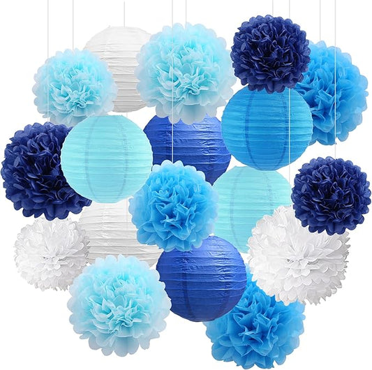 BEISHIDA Blue White Tissue Hanging Paper Flowers Lanterns Party Decorations Set for Birthday Graduation Baby Shower Bridal Bachelorette Wedding Photo Booth Backdrops Party Supplies(18 Packs)