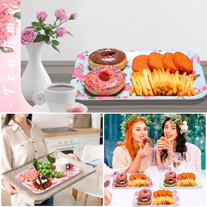 4 Pieces Serving Trays Melamine Platters Reusable Rectangle Party Trays for Theme Party Food Dessert Serving Supplies, 13 x 9.7 inch(Colorful,Flower)