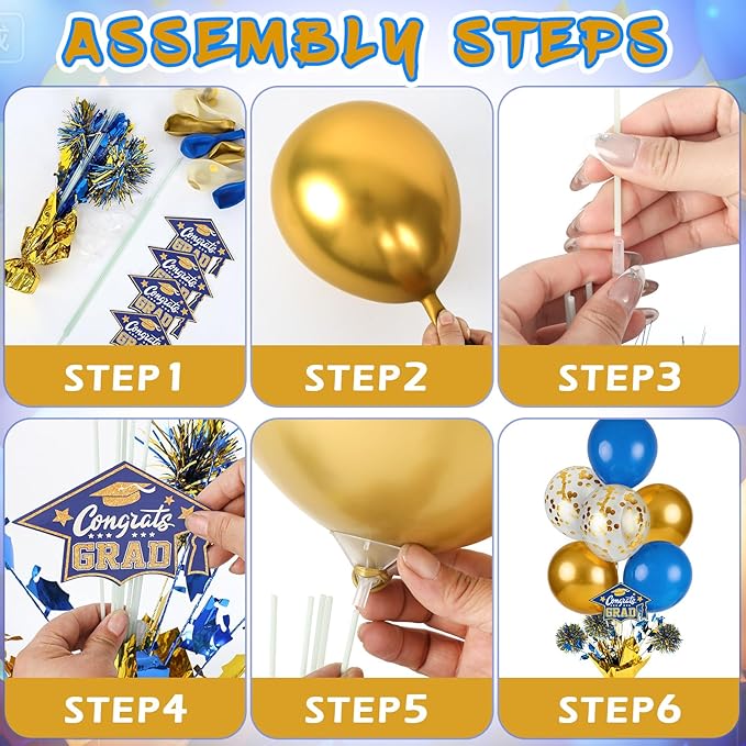 4 PCS Graduation Centerpieces for Tables Balloons Stand Holder Kit College Graduation Decorations 2026 Metallic Glitter Foil Balloon for Graduation Party Decorations Prom Send off Party Decor