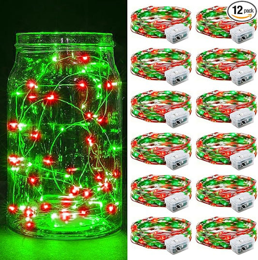 12 Pack Fairy Lights 7Ft 20 LED Twinkle String Lights 3 Modes Battery Operated Waterproof Firefly Starry for Mason Jar Party Wedding Christmas Valentines Day Table Centerpieces,Red&Green