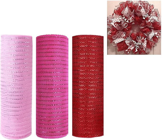 3 Rolls Pink Red Deco Mesh Ribbon for Wreath Making Supplies, 10 Inch x 30FT Metallic Foil Burlap Deco Mesh Fabric for Valentines Day Christmas New Year Wedding Wreath Swags and Decorating