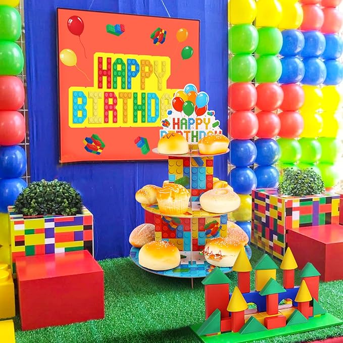 Building Block Cupcake Stand 3 Tier Birthday Party Supplies for Kids Adults Colorful Blocks Construction Cupcake Holder Brick Cake Stand Cardboard Dessert Tower Topper Cake Decorations
