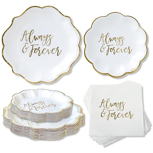 Kate Aspen Always & Forever Wedding Paper Plates and Napkins Set - 72 Piece Wedding Plates Disposable Party Tableware for 24 Guests - Bridal Shower Decorations, Engagement Party Decor