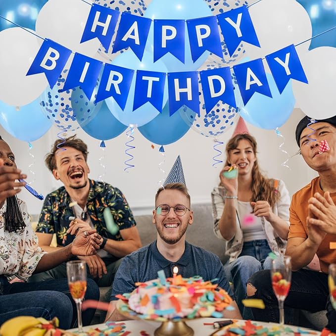 Happy Birthday Banner, Blue Birthday Decoration, 16 Pcs 12in Balloons with 2 Ribbons for Boys and Men Any Ages Party Decoration