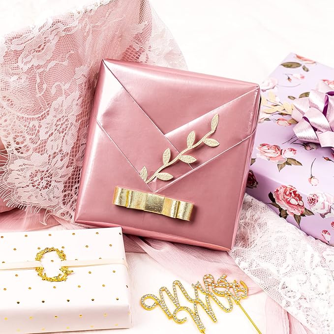 WRAPAHOLIC Pink Wrapping Paper Roll - Mini Roll - 3 Rolls - 17 Inch X 120 Inch Per Roll - Pink Floral Rose Gold Design for Wedding, Bridal Shower, Birthday, Baby Shower, Spring