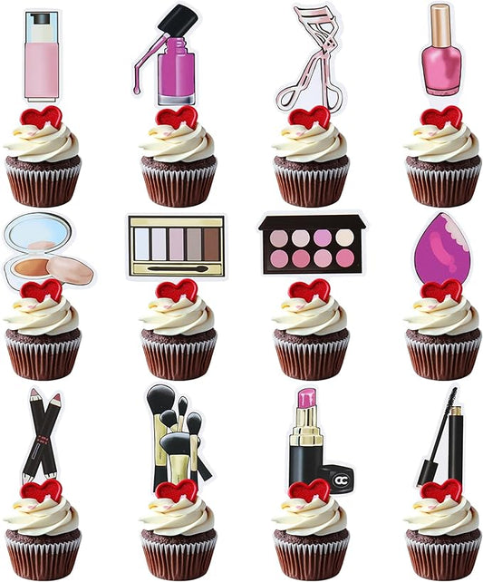 Ercadio 36Pcs Double-Sided Makeup Cupcake Toppers Lipstick Cosmetics Cupcake Picks Eye Shadow Eyelash Curler Food Picks for Girls Makeup Birthday Bridal Shower Bachelorette Party Decorations Supplies