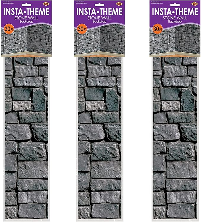 Beistle Stone Wall Backdrop 3-Count – Extra Large 4' x 30' Plastic Medieval Wall Decorations for Halloween Parties, Castle-Themed Events, Haunted Houses, Fantasy Photo Backgrounds