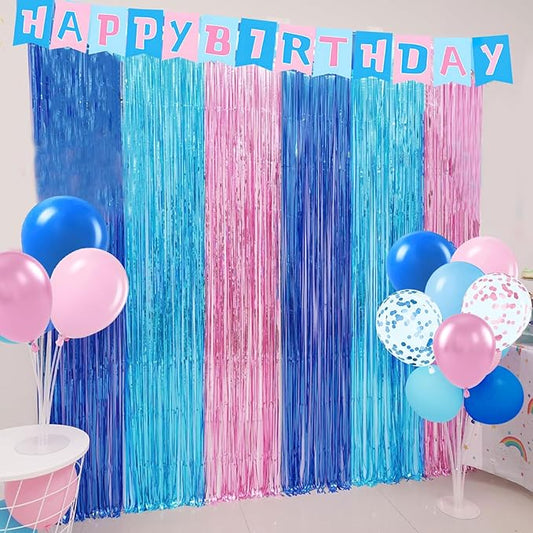 Cute Pink Birthday Decorations, 2 Pack SDQ Party Photo Booth Prop, Blue Pink Teal Fringe Curtains Tinsel Photo Streamers Backdrop Banner for Girls Party Supplies
