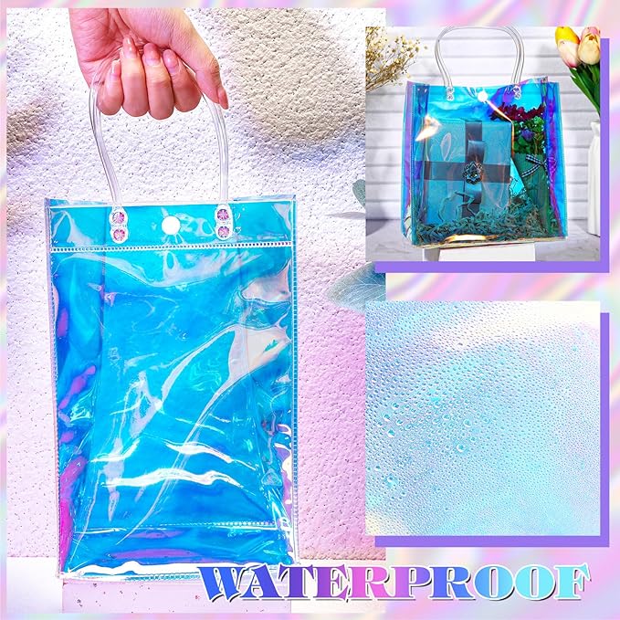 Sherr 16 Pcs Holographic Small Gift Bag Reusable Iridescent Clear Bags for Women PVC Plastic Goodie Holder with Handles for Shopping Christmas Holiday Party Favor(6.3" x 9.84" x 3.15",Rainbow)