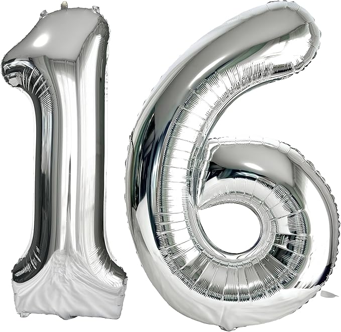 FIROMI 16 Number Balloons Silver Big Giant Jumbo Huge Foil Mylar 16 Balloon Numbers for 16th Birthday Party Anniversary Events Decorations 40-inches