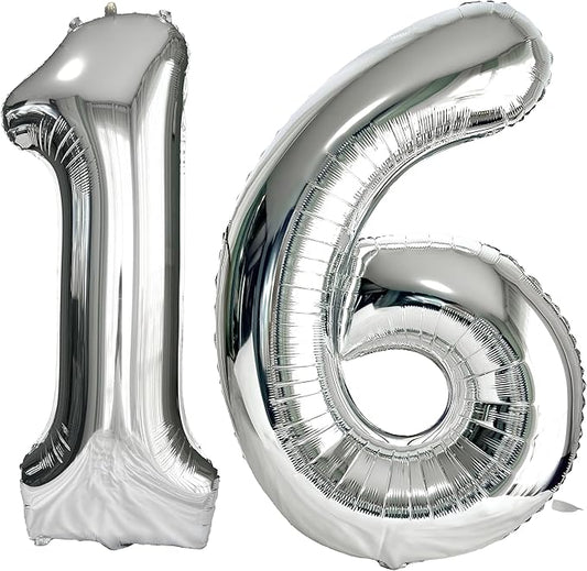 FIROMI 16 Number Balloons Silver Big Giant Jumbo Huge Foil Mylar 16 Balloon Numbers for 16th Birthday Party Anniversary Events Decorations 40-inches