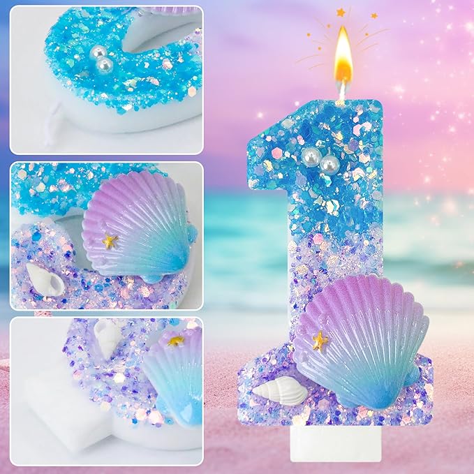 Blue and Purple Birthday Candles, 1th Birthday Cake Decoration, Cupcake Candles，Suitable for Mermaid Theme Party Cake Decoration (1)