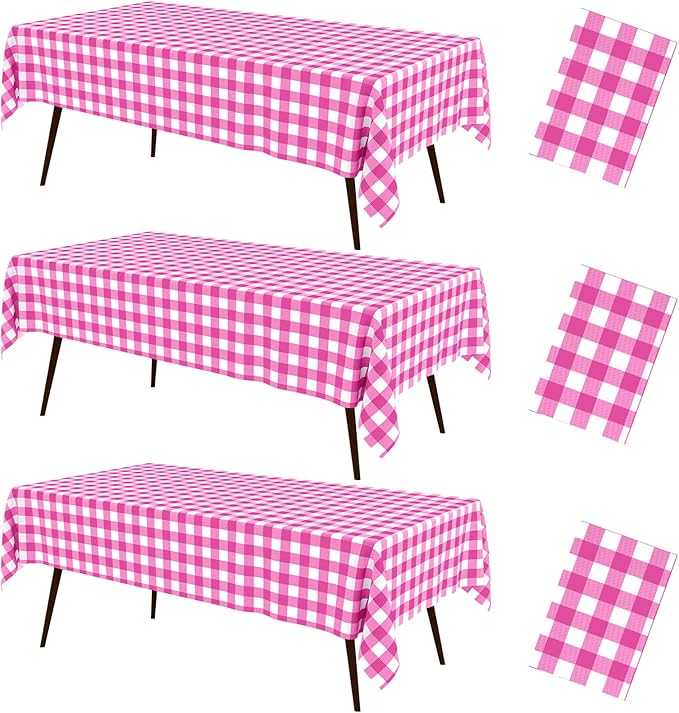 misaya 3 Packs Buffalo Disposable Table Cloth, 54 x 108 Inch Waterproof Plastic Tablecloth, Rectangle Hot Pink and White Checkered Table Covers for Picnic, Birthday, Party