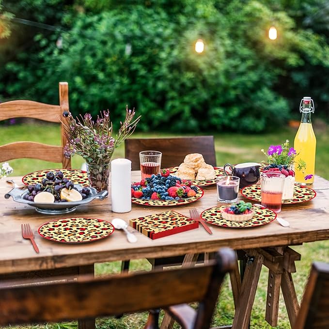 100 Pcs Leopard Print Tableware Party Supplies - Disposable Animal Print Dinnerware Set with Paper Plates,Napkins for Safari Theme,Jungle Birthday Party - Serves 25