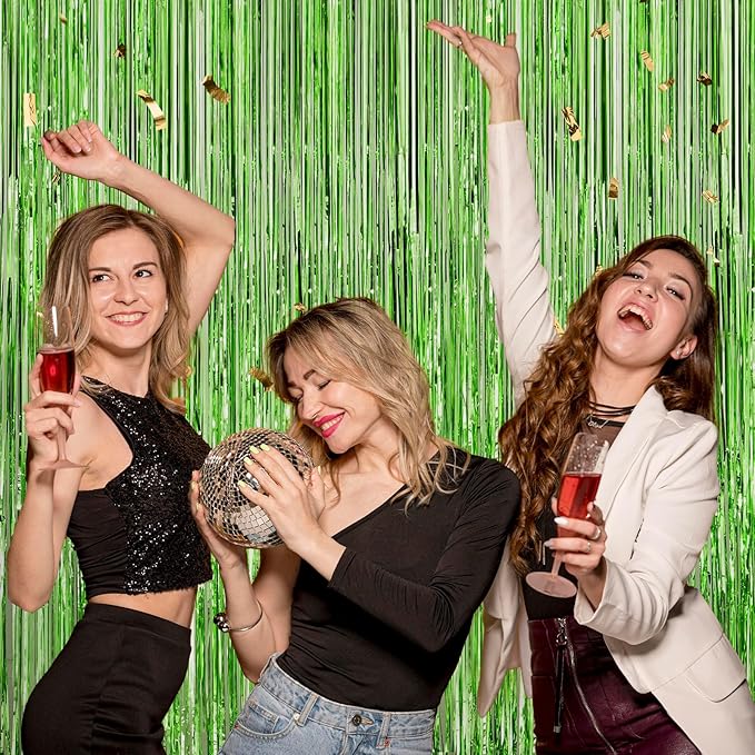 Light Green Metallic Tinsel Foil Fringe Curtains Backdrop 2Pack 3.3x8.3Ft Green Party Streamers for Birthday Party Decorations Halloween Christmas Decors Foil Curtain Backdrop for Bachelorette Wedding