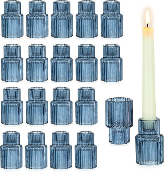 Glasseam Candle Sticks Holder Decor: Set of 20 Blue Ribbed Glass Candle Holder Modern Fluted Taper Candle Holders Bulk for Table Centerpiece Wedding Decorations Dinner Party Home Decor
