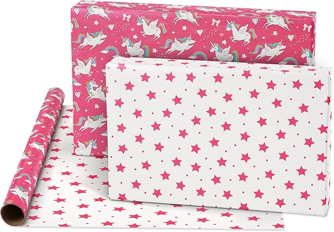 American Greetings Reversible Birthday Wrapping Paper for Kids, Dinosaurs and Unicorns (3 Rolls, 120 sq. ft)