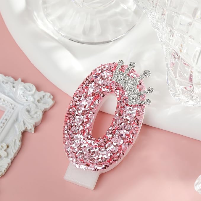 PHD CAKE Birthday Number Candles,Pink Crown Birthday Candles for Cake,Glitter Number 0 Candle Cake Topper with Sequins for Girls,Women, Anniversary Celebrations Supplies