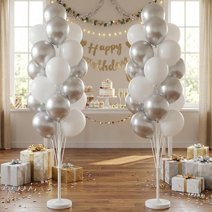 Balloon Column Kit Set of 2 With Balloons Included - with Base, and Pole,Balloon Tower Backdrop Decoration for Wedding, Baby Shower, Birthday Party, or Bachelorette Parties (Silver White)