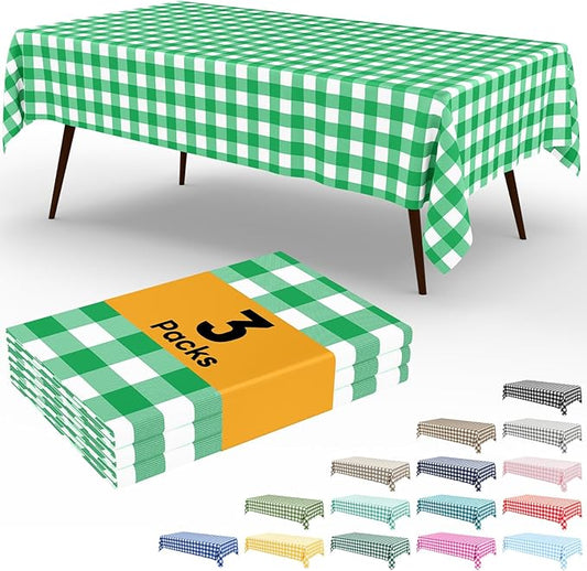 Smiry 3 Pack Green Gingham Disposable Tablecloths - 54" x 108" Heavy Duty Plastic Table Cloth, Waterproof Buffalo Plaid Table Covers for St. Patrick's Day, Banquets, Parties