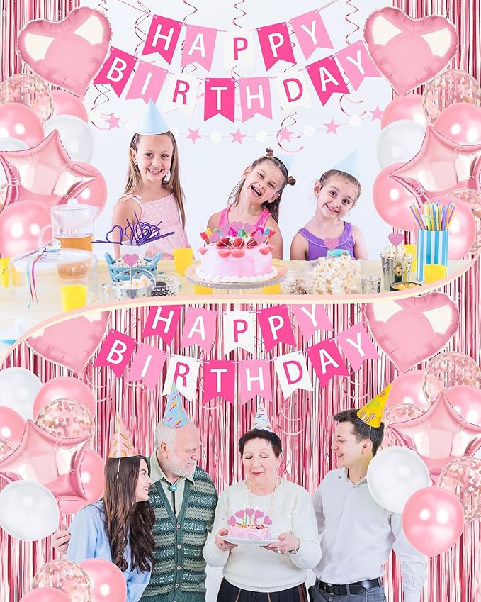 Lutoys Pink Happy Birthday Party Decorations, Happy Birthday Banner, Pink Foil Heart Star Confetti Balloons Curtain Backdrop Hanging Swirls Butterfly Party Decor for Girls Women Princess