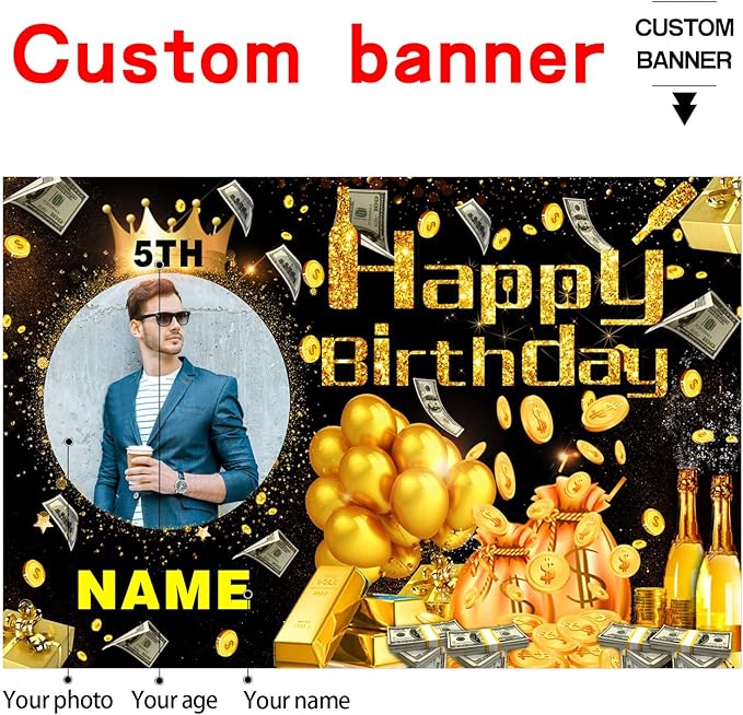 Custom Dollar Money Black and Gold Happy Birthday Party Decorations Supplies Personalized Dollar Money Black and Gold Birthday Backdrop Banner(4x6ft)