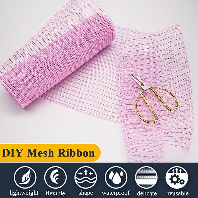 2 Pcs Pink Deco Mesh Ribbon Rolls 10 Inch 10 Yards(30 ft) Decorative Mesh Fabric with Foil for Wreaths Christmas Tree Ribbon Door DIY Craft Halloween Decor Wedding Party Supplies (Pink, 2Pcs)