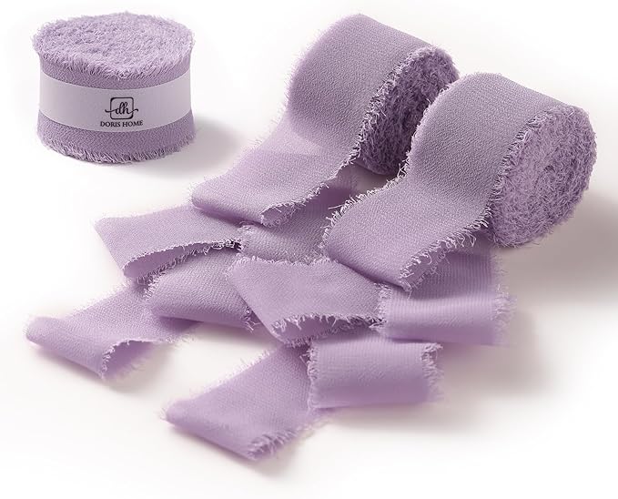 DORIS HOME Pastle Purple Chiffon Ribbon for Flower Bouquet, 1" x21Yd Fabric Ribbon for Gift Wrapping, Handmade Frayed Ribbon for Wedding Invitations/Christmas Decorations
