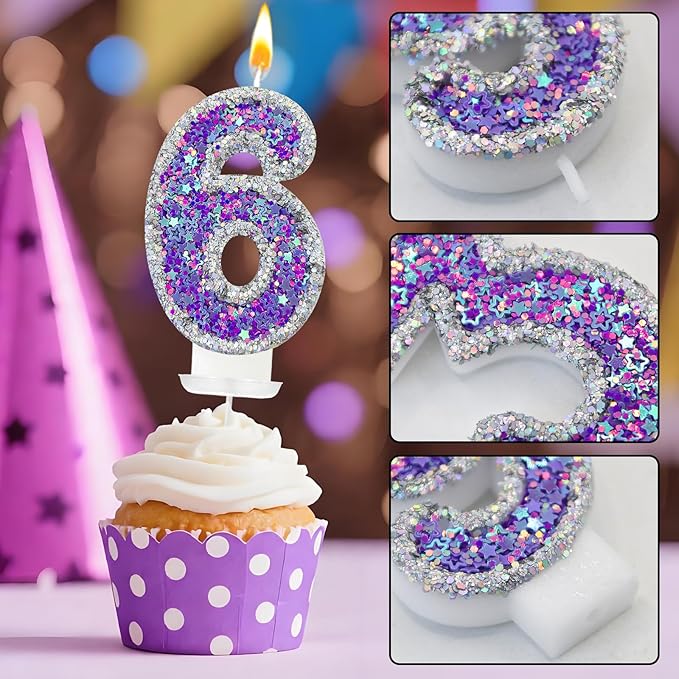 K-pop Number 6 Birthday Candle, Star Glitter Filled Number Candle, Purple Silver Fantasy Cake Topper for Birthday Party Decoration