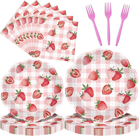 96 Pieces Strawberry Tableware Set Party Supplies – Scalloped Edge Disposable Plates, Napkins, and Forks with Gingham and Strawberry Design for Birthday Celebrations, Baby Showers – Serves 24