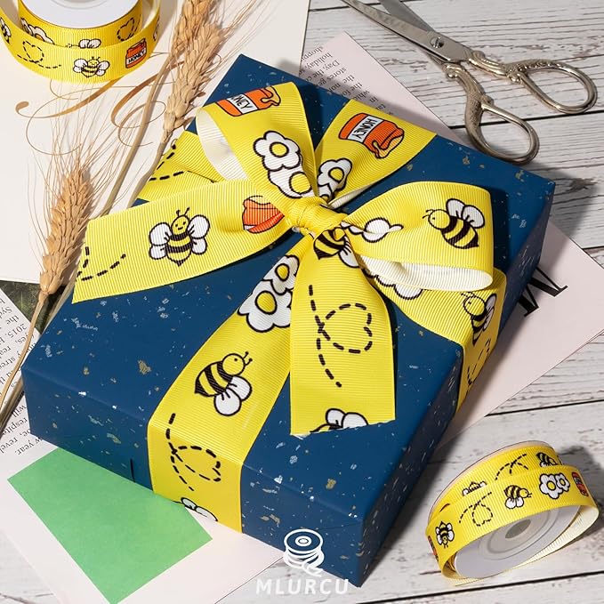 Bee Ribbon Set 3 Rolls Yellow Grosgrain Ribbon 5/8", 7/8", 1.5", Bumblebee, Honey Pot, Flower Print Ribbon for Crafts, Gift Wrapping, Hair Bows, Baby Shower, Party Decor