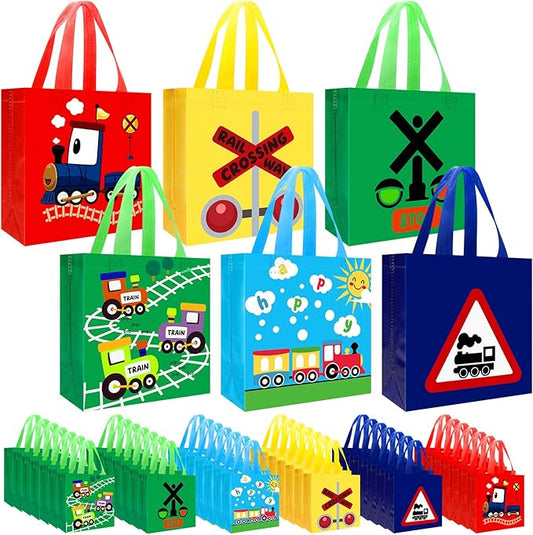 Pinsit 42 PCS Colorful Train Party Favor Bags, Non Woven Train Goodie Bags, Railway Themed Reusable Gift Bags with Handles for Boys Girls Birthday Baby Shower Party Supplies