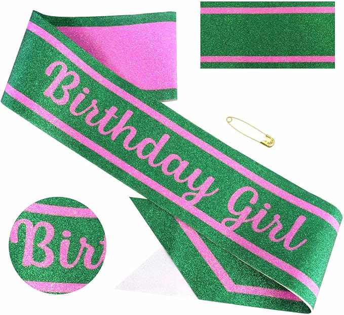 Pink Green Birthday Sash for Girls, Letter "Birthday Girl" Witch Themed Sash with Glitter Foil, Happy Funny Accessories for Party Favors Supplies
