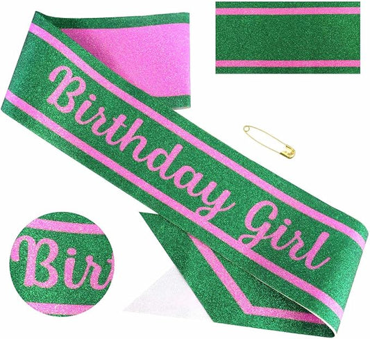 Pink Green Birthday Sash for Girls, Letter "Birthday Girl" Witch Themed Sash with Glitter Foil, Happy Funny Accessories for Party Favors Supplies