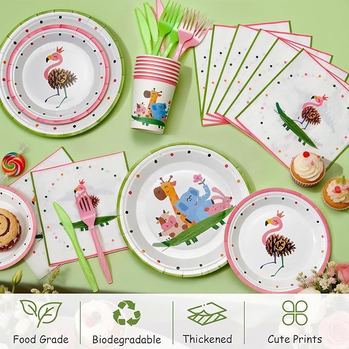144Pcs Flamingo Animals Birthday Party Supplies Decorations Animal Themed Paper Plates Napkins Vintage Party Tableware Disposable Dinnerware for Girl Kid Birthday Baby Shower Table Decor, Serve 24