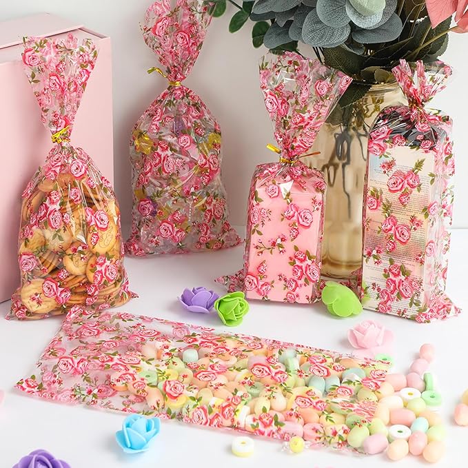 Docvania Floral Cellophane Treat Bags Plastic Gift Bag 100 pcs 5 X 11 Flowers Cookie Bags with Ties Goodie Candy Bag Suitable for Mother's Day, Valentine's Day, and Holiday Parties