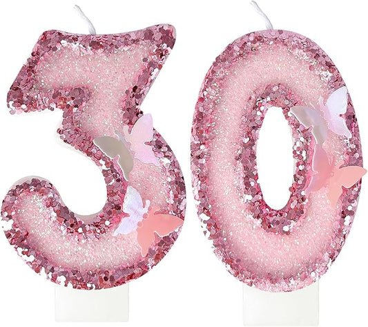 30Th Birthday Candles，Glitter Butterfly Cake Toppers Pink Sequins Wedding Numeral Cupcake Decorations，Suitable for Girl and Boy Wedding Cakes, Party Celebrations, Birthday Decorations (30)