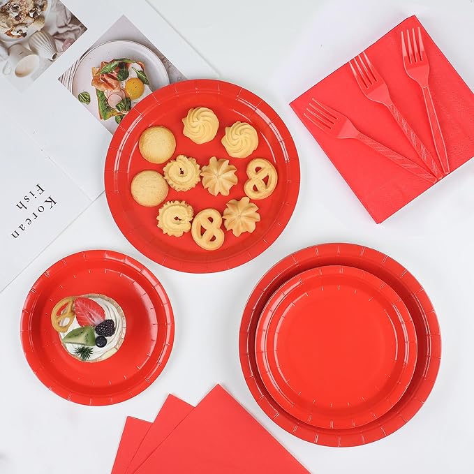 100 Count Red Paper Plates and Napkins Red Party Tableware Set Red Disposable Plates Napkins and Forks for Wedding Birthday Party Bridal Shower Baby Shower, Serve 25