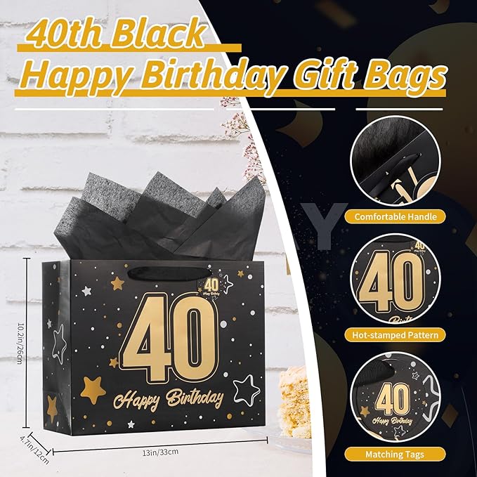Powbrace 13" Black 40th Birthday Gift Bag with Tissue Paper and Greeting Card for Party,Happy Birthday Gift Bag for Men Women,Gift Bags Medium size(1 Black 40th)