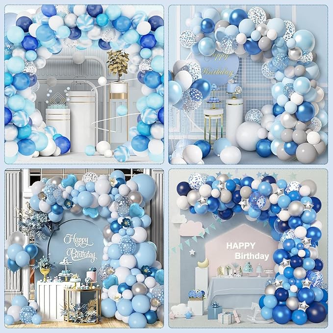 Amandir 153pcs Blue Balloon Garland Arch Kit, Different Sizes 18 12 10 5 inch Latex Metallic Confetti Blue Balloons for Boys Birthday Baby Shower Ocean Theme Party Anniversary Decoration Supplies