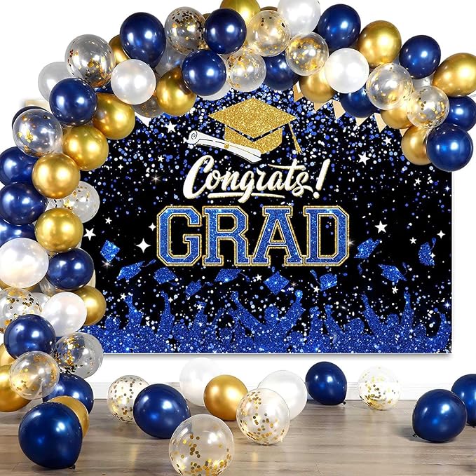 Mocsicka Graduation Party Decorations 2026 Congrats Grad Backdrops for Photography Bachelor Cap Congratulations Grad Photo Backdrop Graduation Prom Party Supplie (Blue and Gold, 7x5ft (82x60 inch))