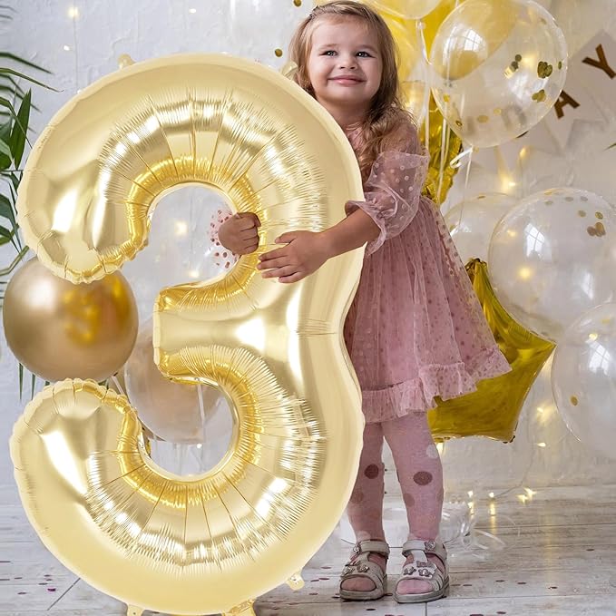 Champagne Gold Large Number 3 Balloon, 40 Inch Light Gold Foil Helium Number Balloons, Giant Mylar Number 3 Balloons for 3 Years Old Birthday Party Anniversary Decorations