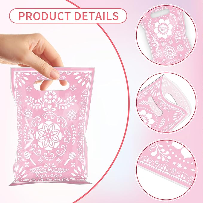 MOIZYNG 50 Pcs Cielito Lindo Candy Bags, Pink Floral Plastic Gift Goodie Party Favor Bags with Handles, Mexican Fiesta Party Decorations for Birthday Cinco de Mayo Wedding Baby Shower Supplies